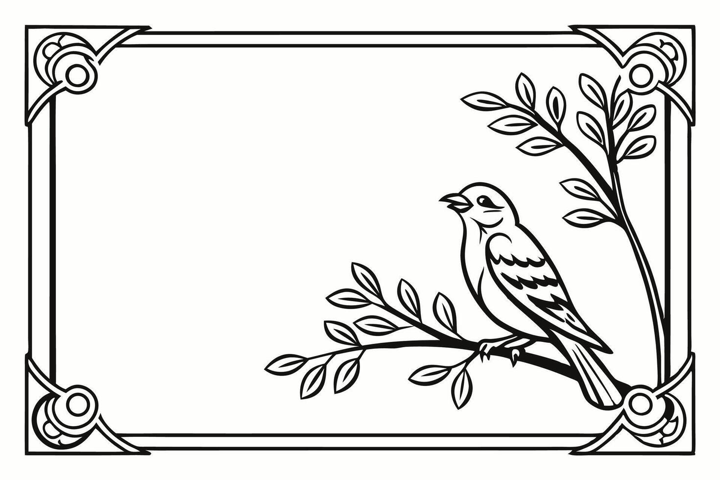 Bird on branch with leaves coloring page vector