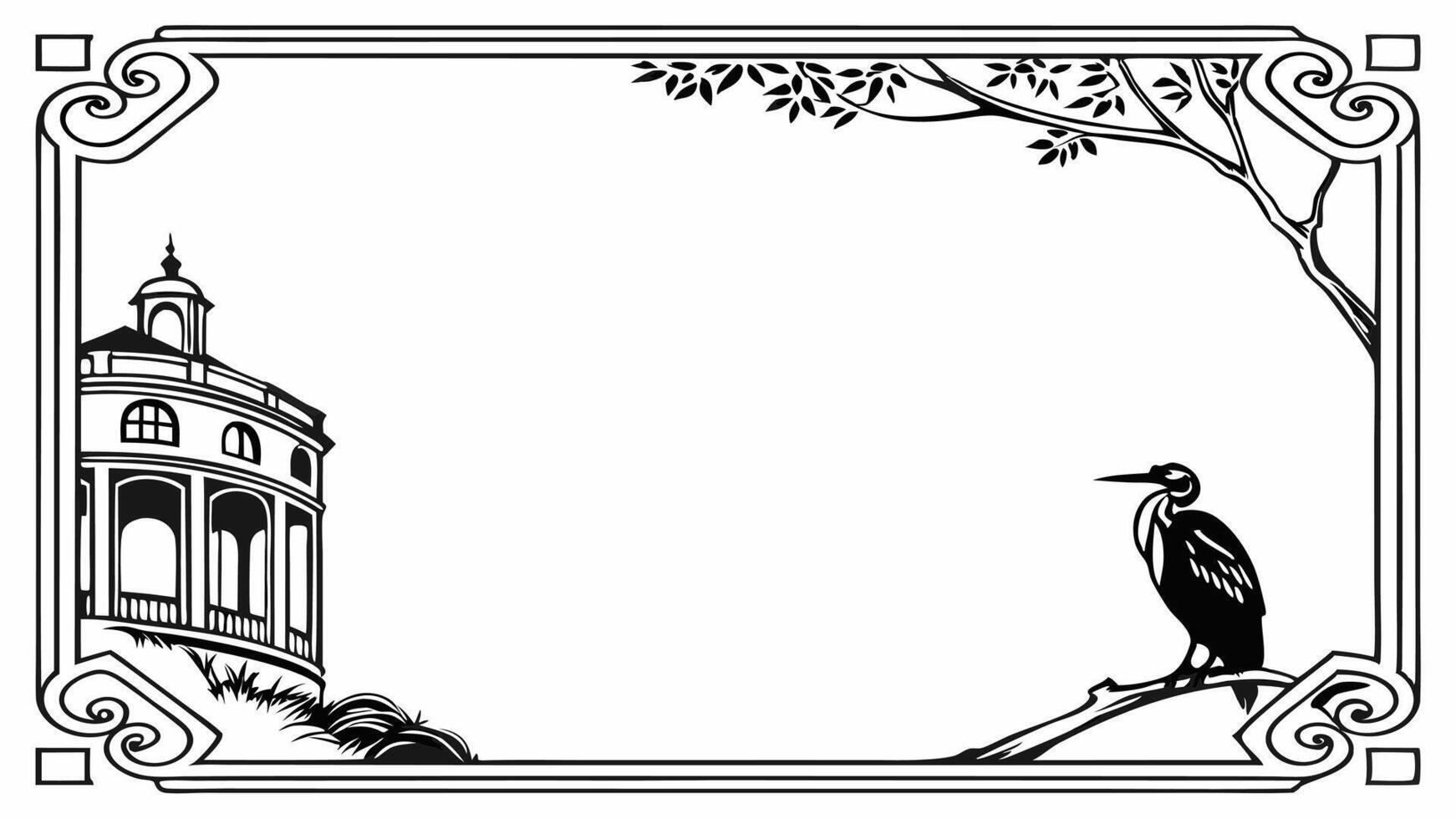 A black and white drawing of a bird and a building vector