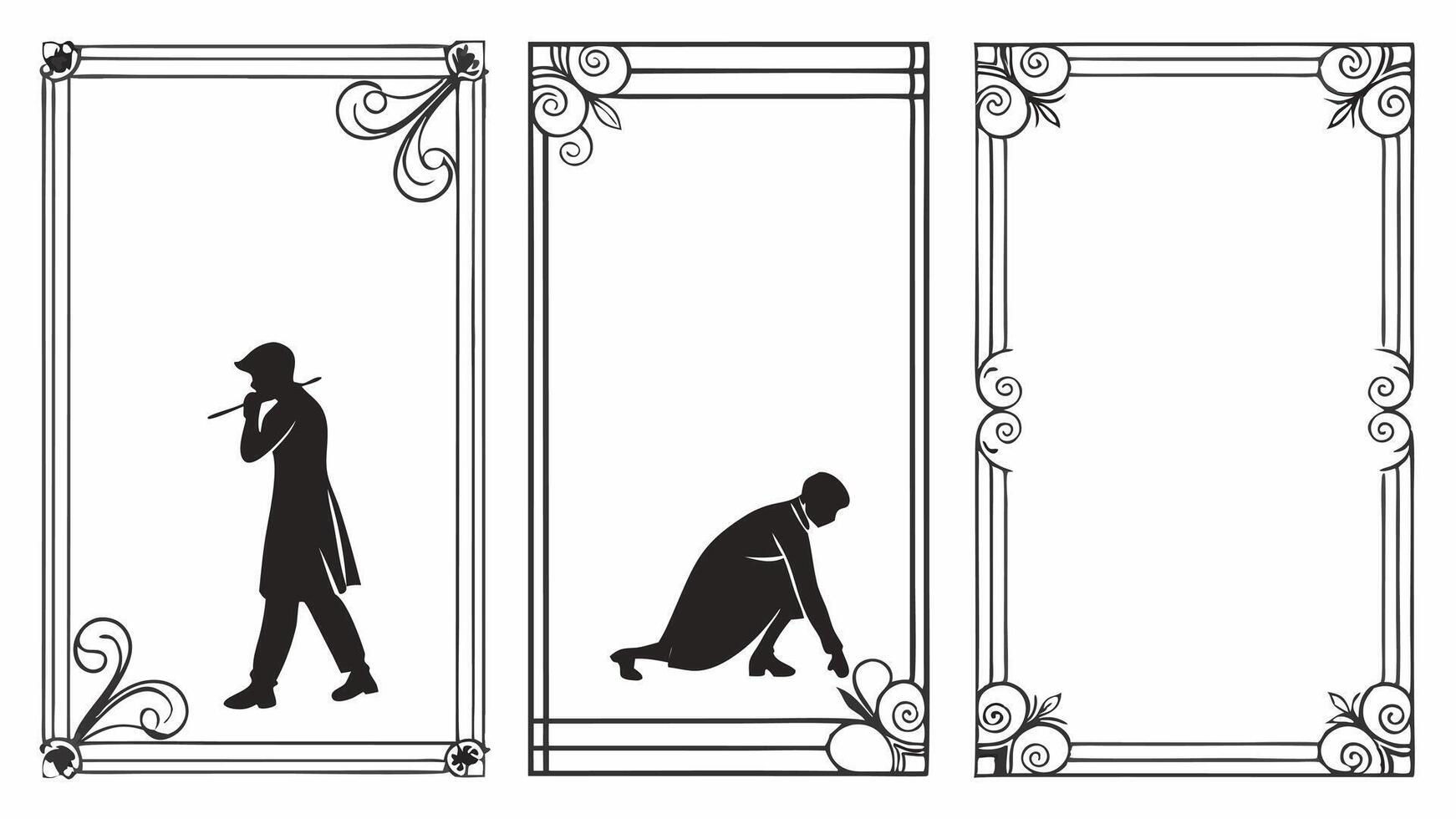 Four black and white illustrations of people in ornate frames vector