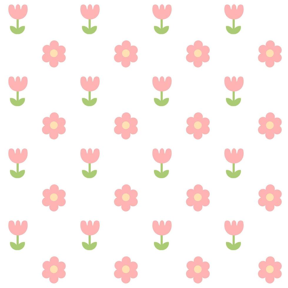 Pink tulip flowers and green leaves on white background.Sweet wallpaper.Surface for textile.Decoration ornament for fabric or cloth.Cute wrapping paper.Summer or spring. vector