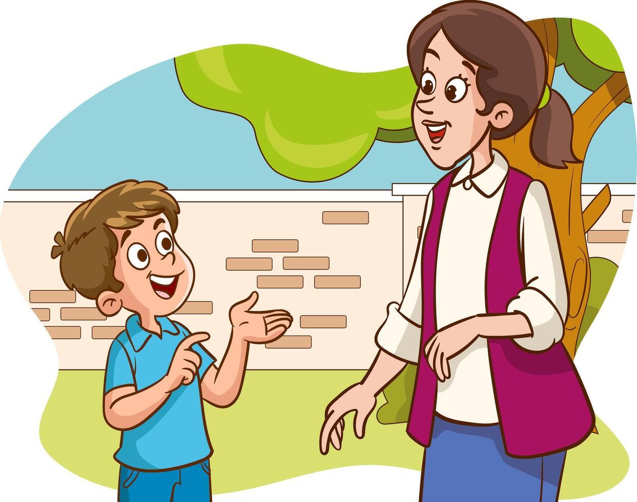Mother listening to her child, telling, pointing, asking for help, complaining vector