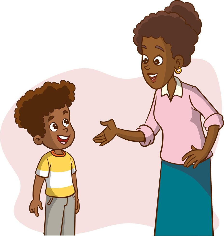 Mother listening to her child, telling, pointing, asking for help, complaining. mother and child talking to each other illustration.little boy chatting with their mothers and feeling happy vector