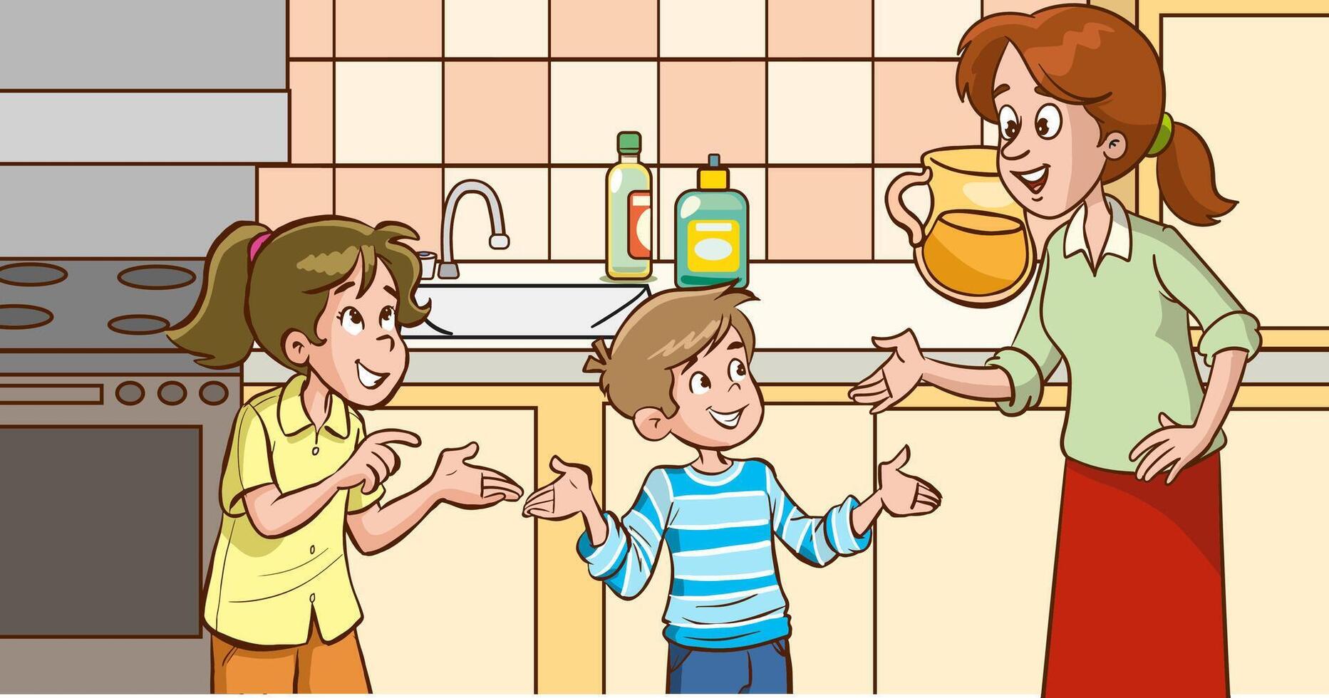 Kids helping mother in kitchen vector