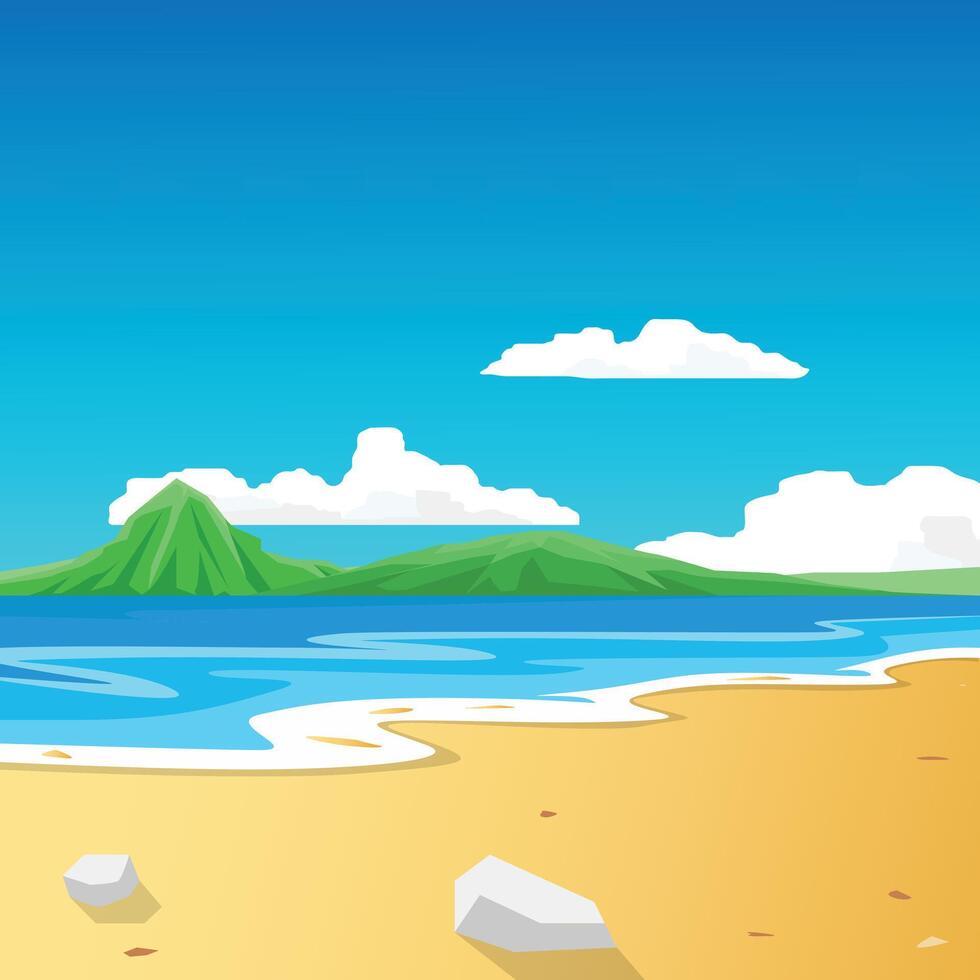 Landscape banner square of sea beach green islands are in the distance. under the blue sky and white clouds. vector