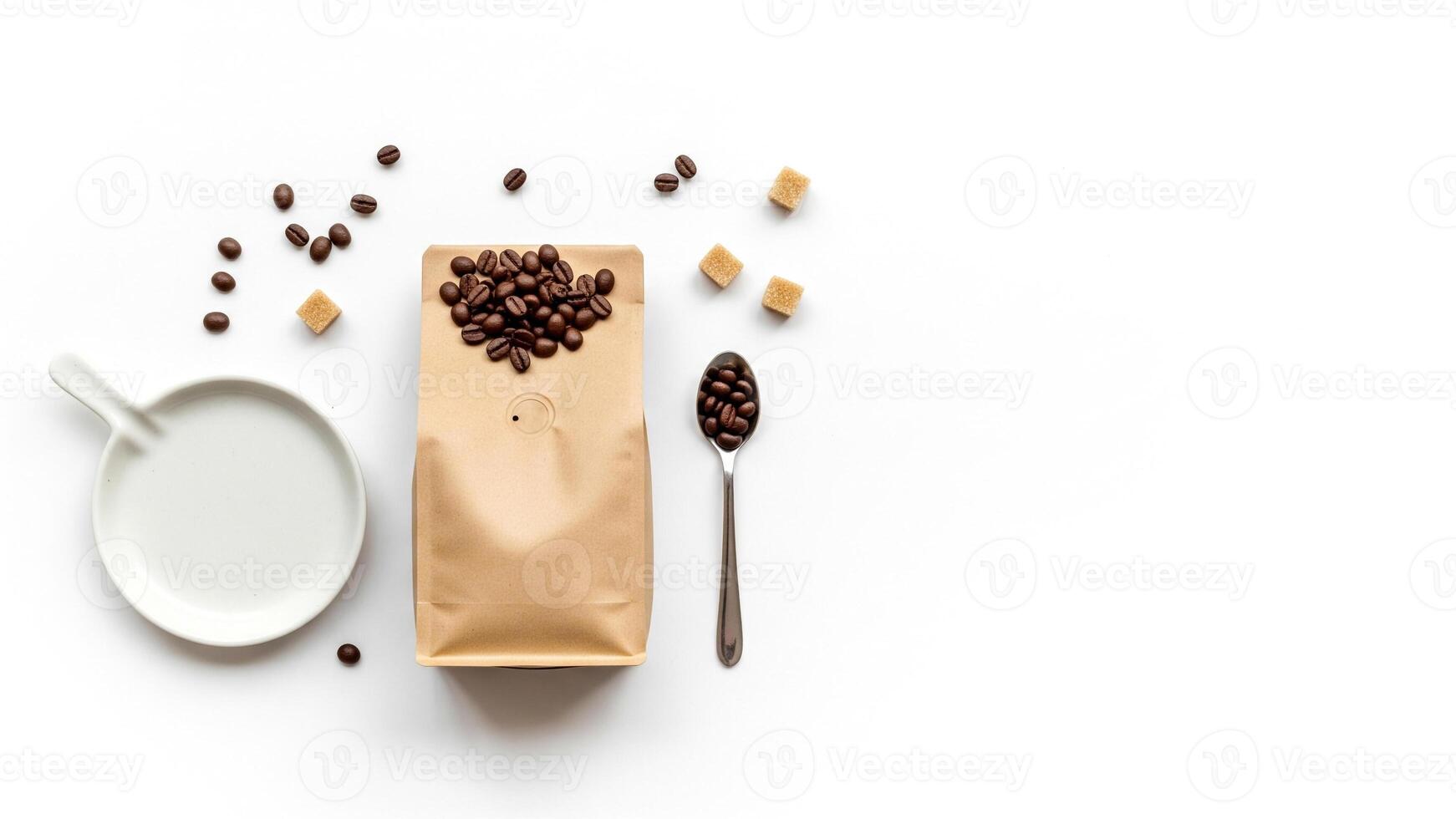 Coffee Beans and Sugar Cubes Arrangement on White Background, Overhead View. photo