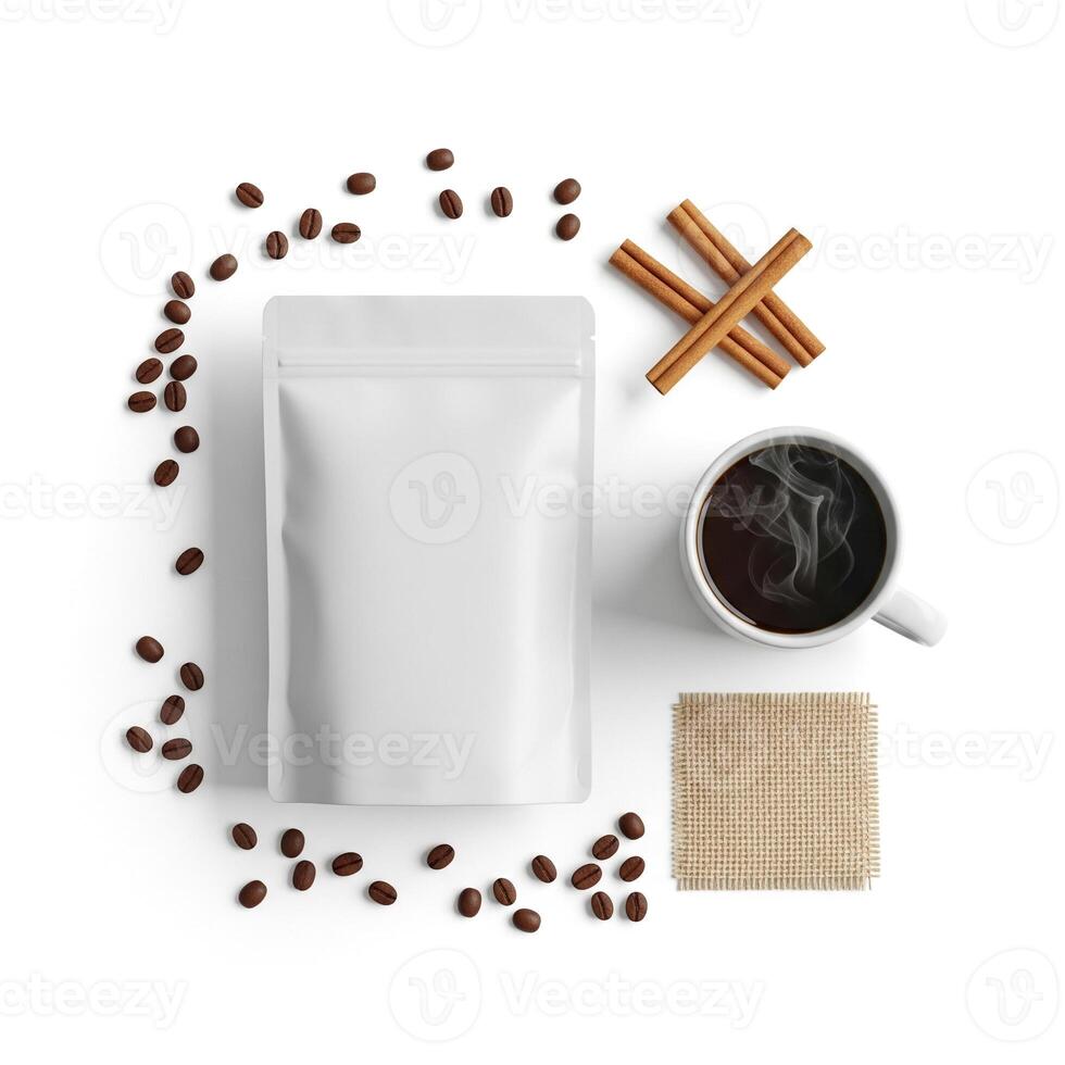 Aromatic Coffee Break Flatlay of Coffee Beans, Cinnamon Sticks, Blank Pouch, and Steaming Mug photo