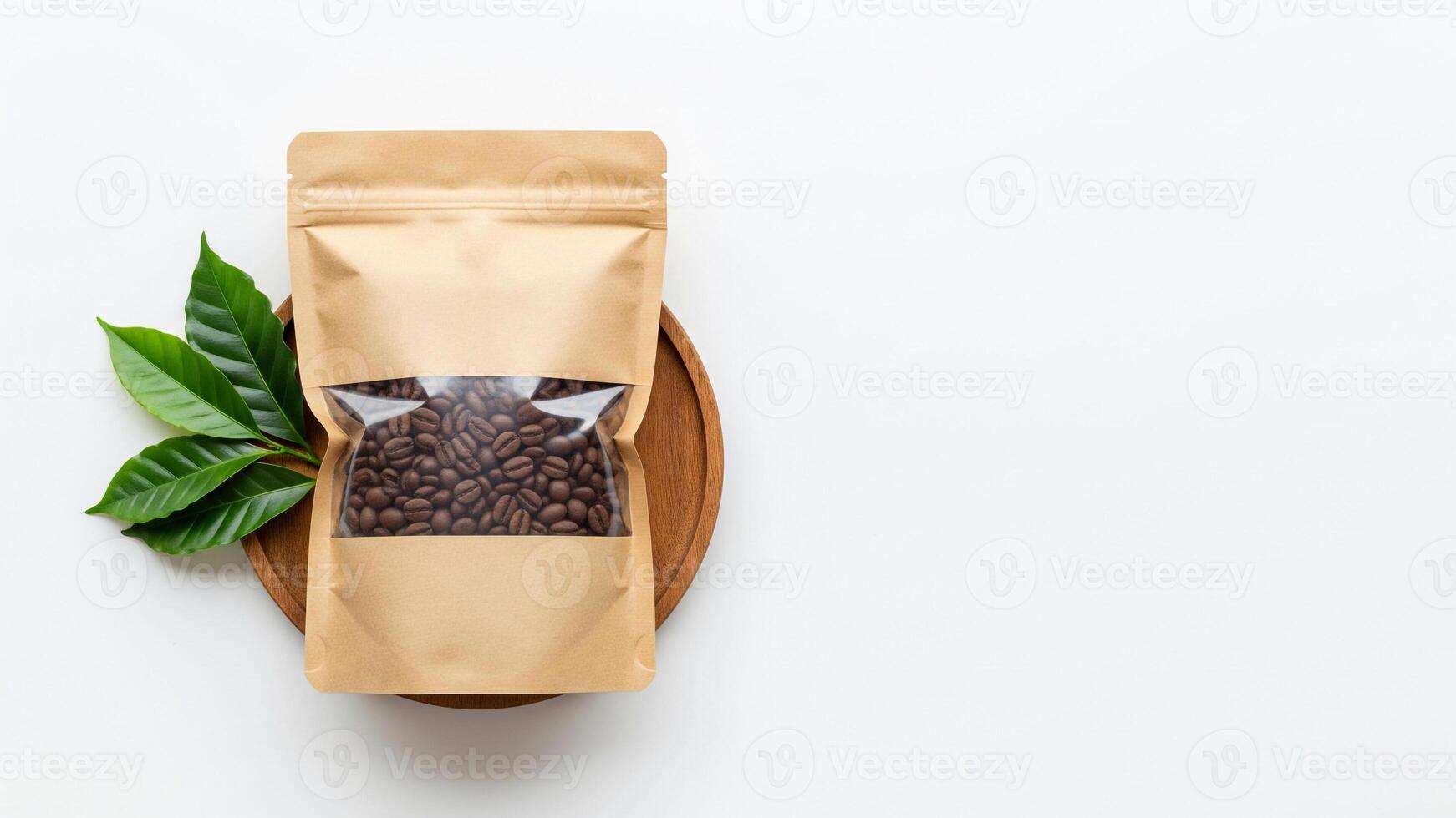 Coffee Beans in Kraft Bag with Leaves on Wooden Plate, White Background photo