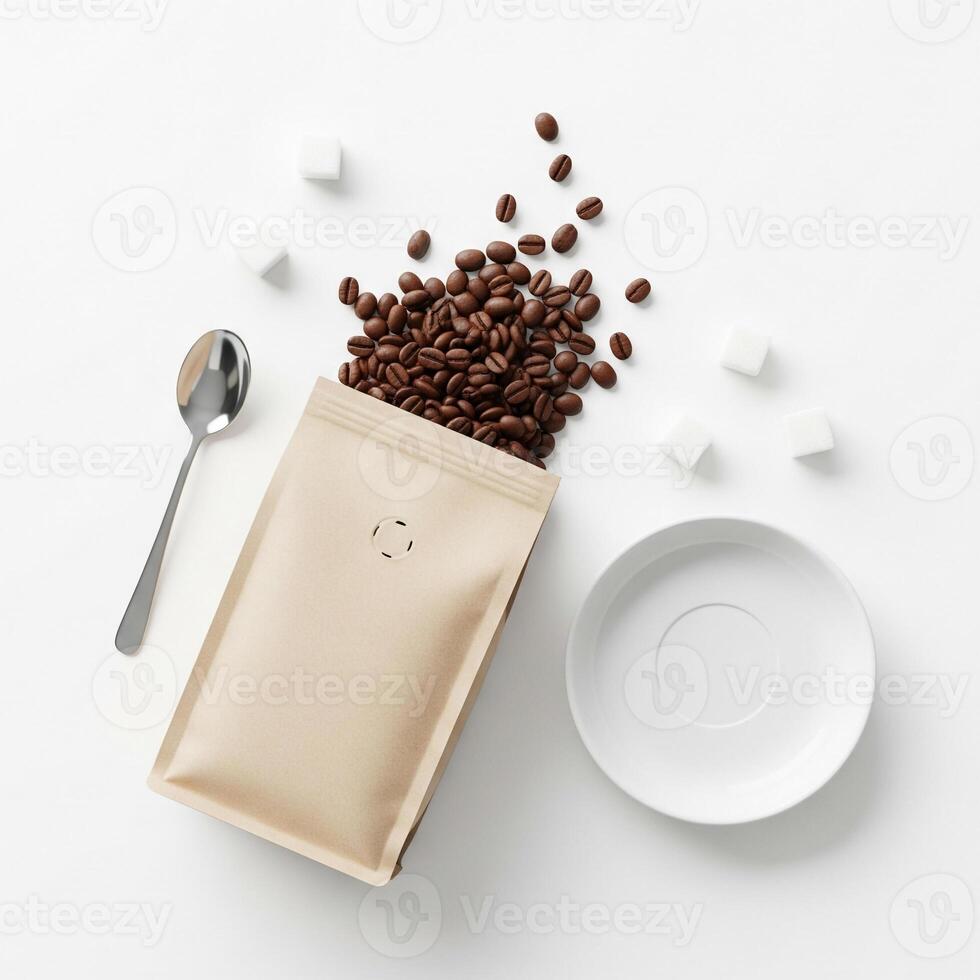 Coffee Beans Spill from Kraft Bag with Sugar Cubes and Spoon on White photo