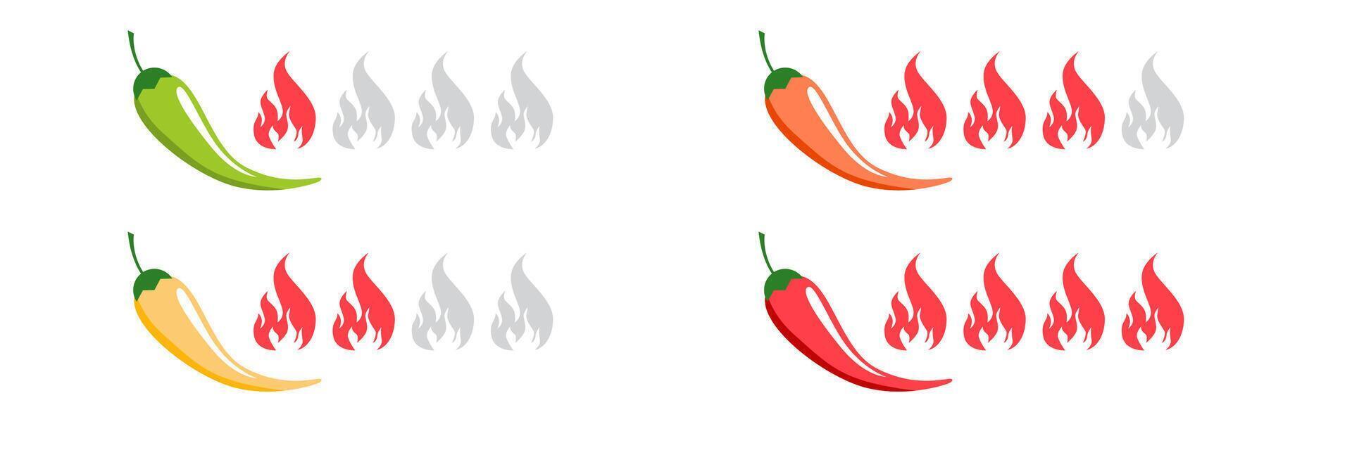 Spice level labels with chili pepper icons for hot sauce packaging restaurant menu or food product design showing heat scale from mild to extra spicy in red color palette vector