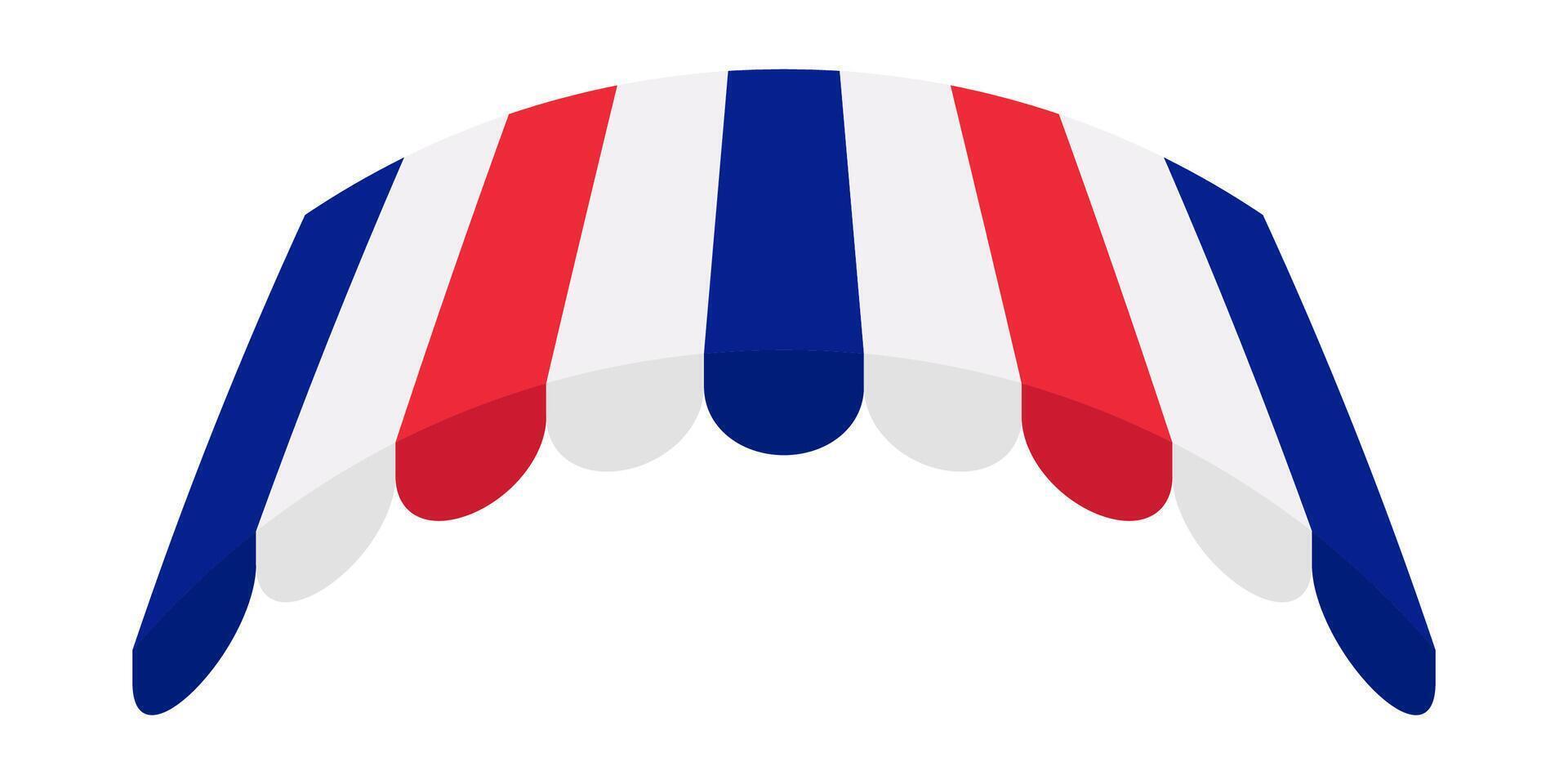 Striped Market Tent . Red White Blue Canopy for Storefront or Restaurant. Sunshade for Outdoor Cafe Circus Fair or Festival. Awning Roof on White Background. vector