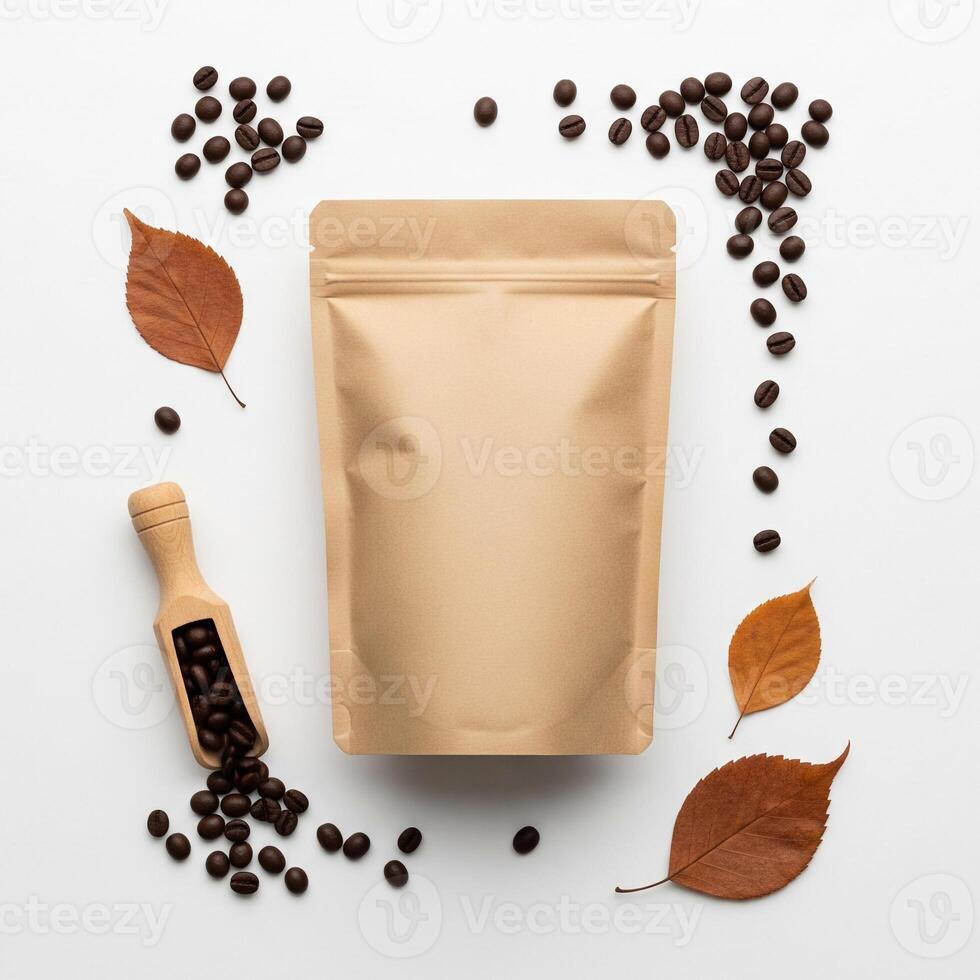 Coffee Bean Packaging with Autumnal Leaves and Wooden Scoop, Flat Lay photo
