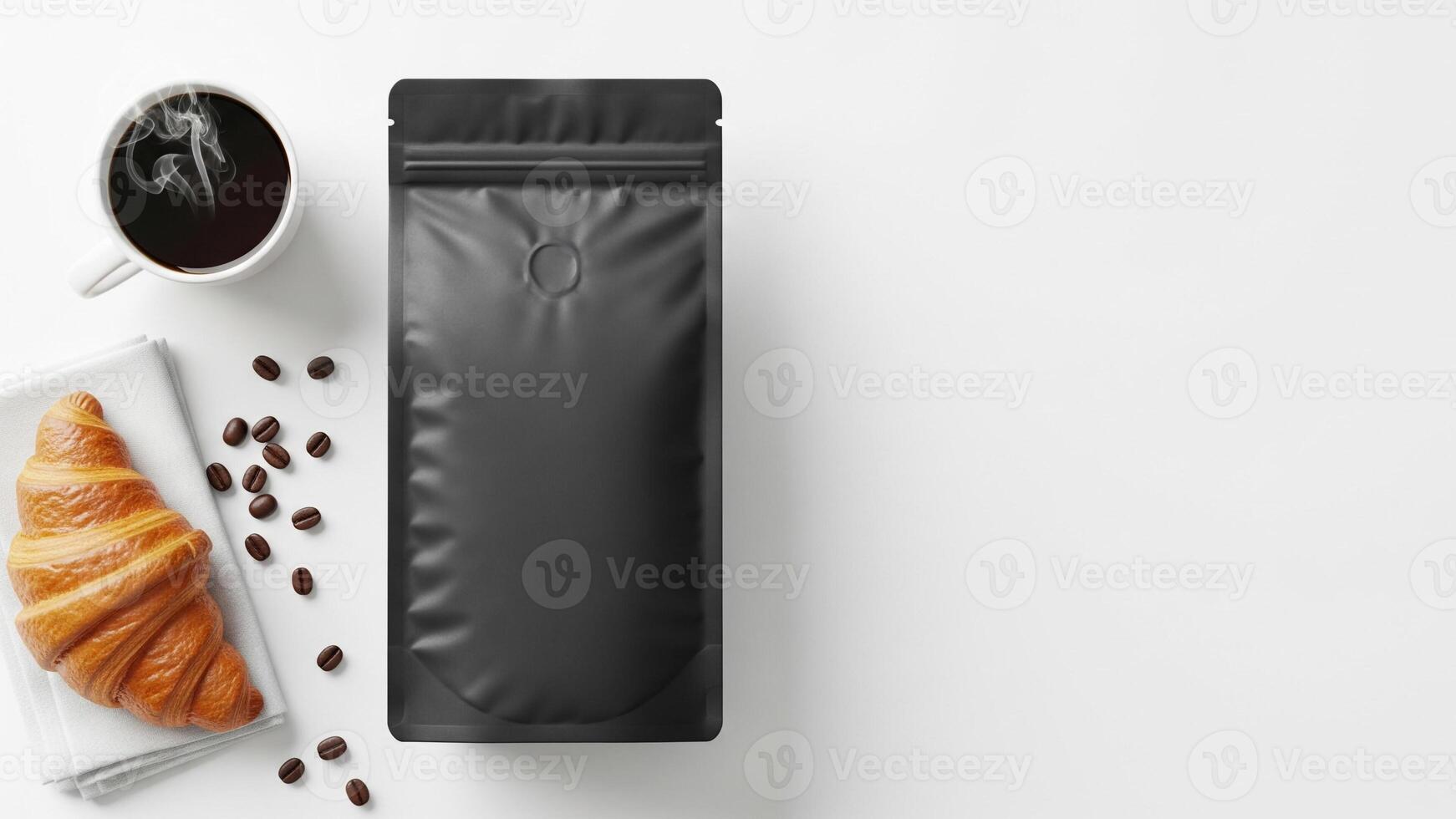Coffee Bag Mockup with Croissant, Beans, and Steaming Cup on White Background photo