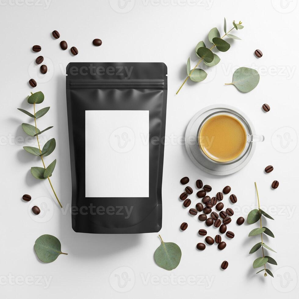 Elegant Coffee Composition Black Pouch, Espresso, Beans, Eucalyptus, Minimalist Aesthetic photo