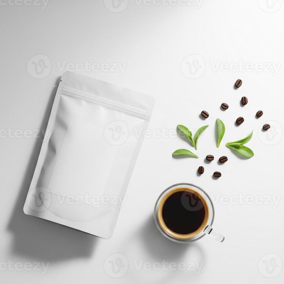 Minimalist Mockup of a White Coffee Pouch with Stevia and Coffee Beans photo
