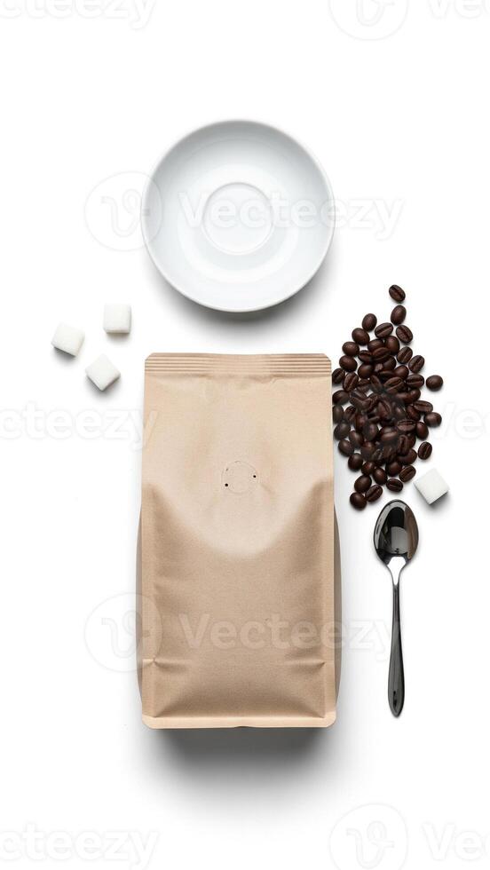 Coffee Essentials Minimalist Composition of Beans, Bag, Spoon, and Sugar Cubes. photo