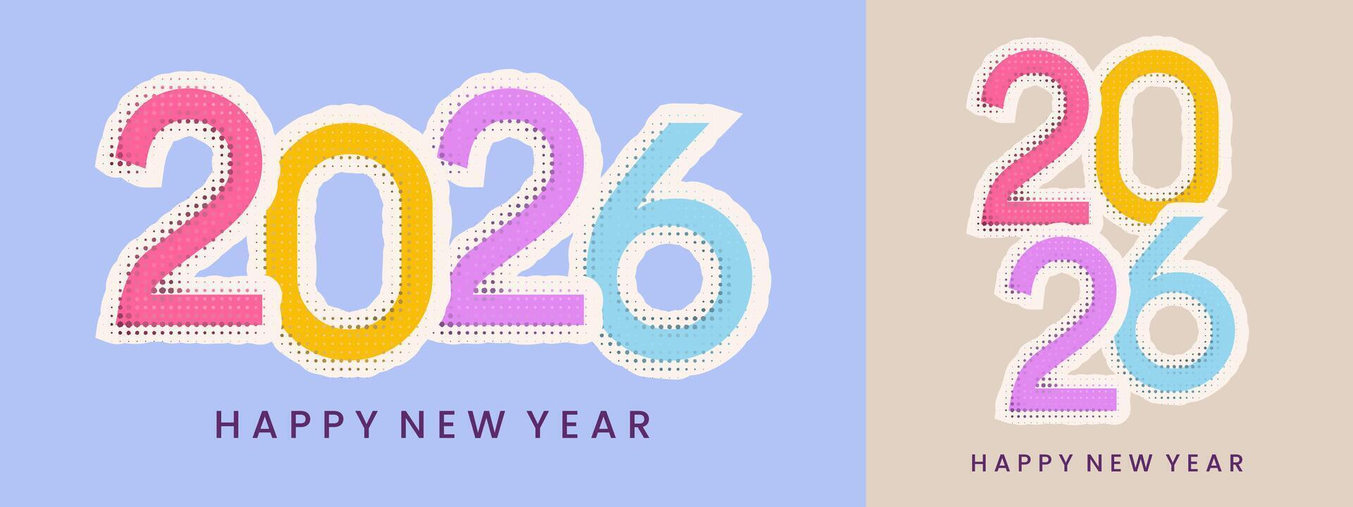 2026 New Year happy calendar design for graphic card or background with vibrant text and collage banner by pop art number holiday illustration. vector
