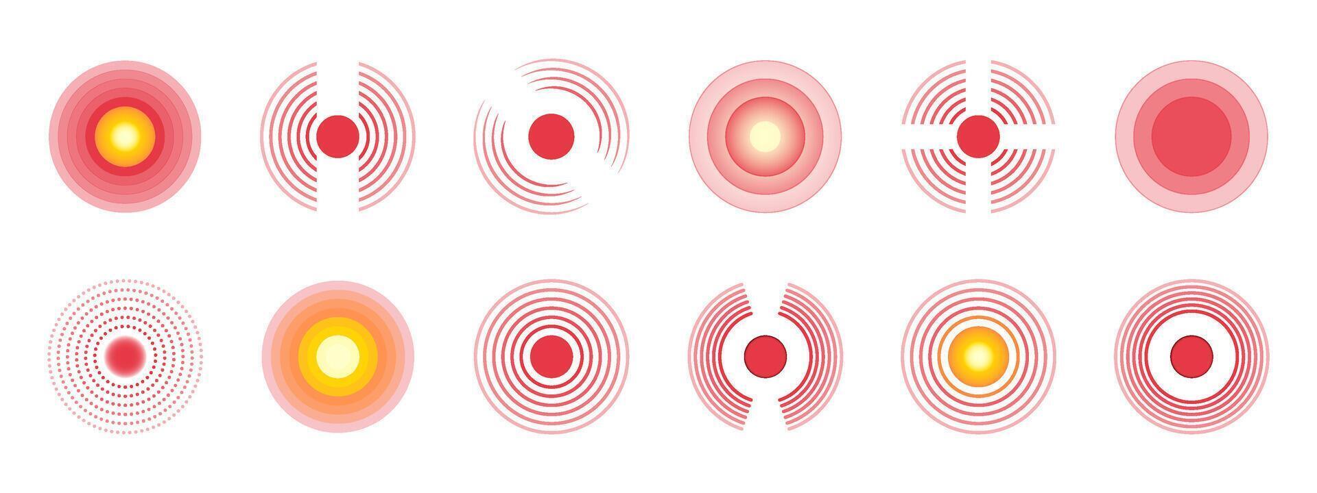 A set of red circle icons to indicate pain or a wave sound effect. A wavy dot symbol to indicate inflammation in the body or joint damage. Illustration for painkillers. vector