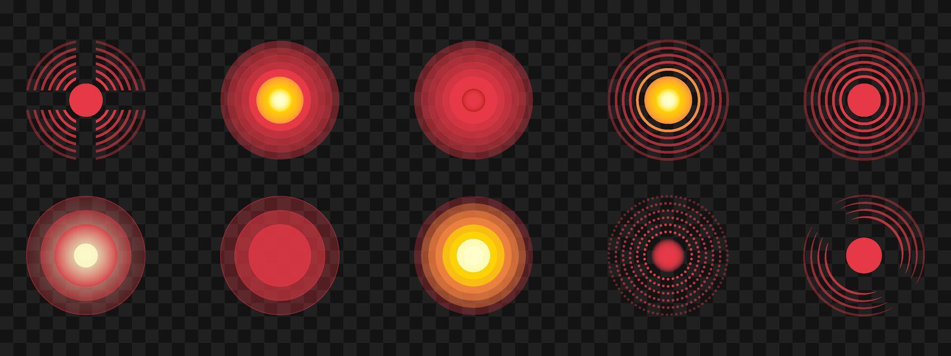 A set of red circles indicating the location of pain in the human body. Inflammation indicators on a dark background. Illustration for medicine packaging. vector