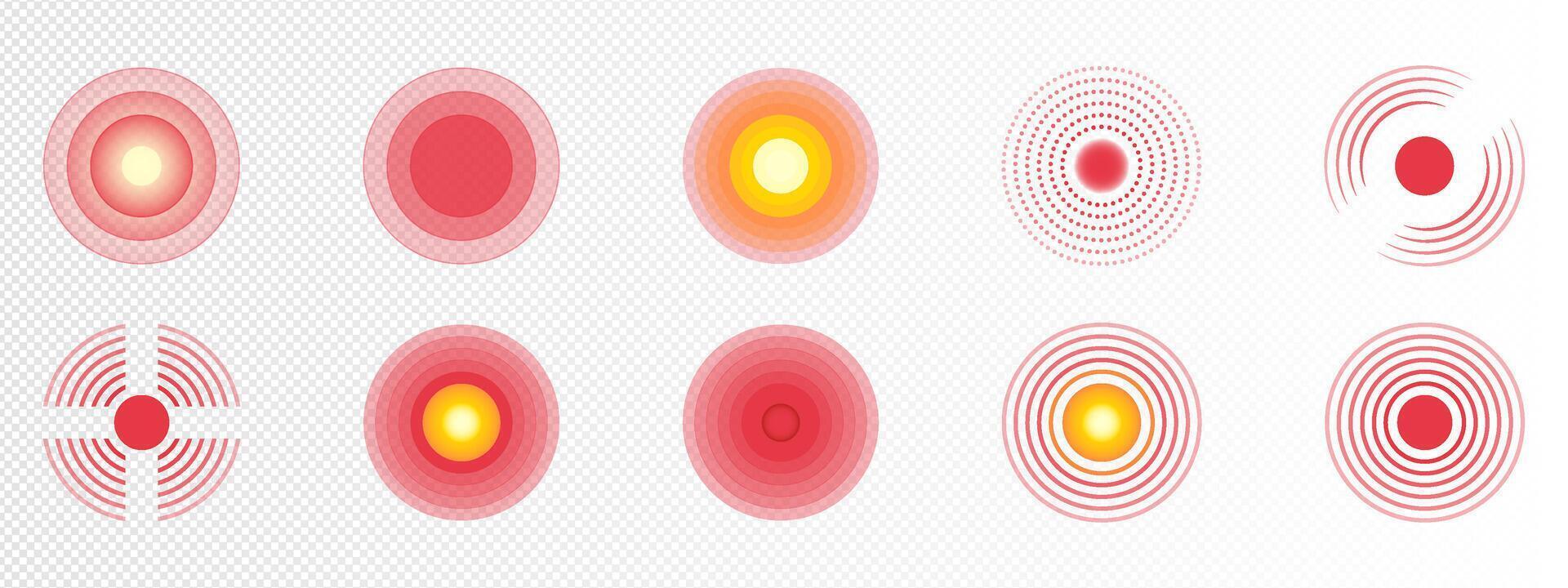 Red concentric circles of pain points. Markers of inflammation localization in the body. Design for painkiller medications. Health care. illustration vector