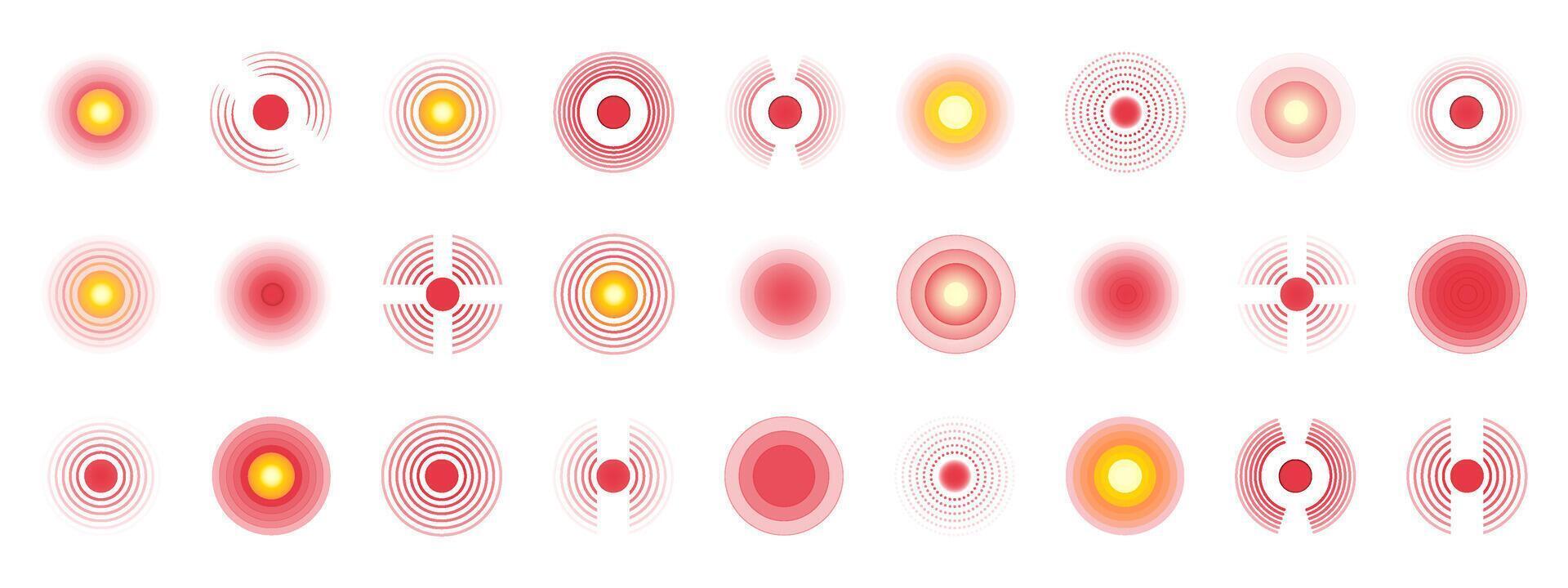 Red pain circle icon with wave effect for muscle ache or headache, designed with concentric rings and dots to show body damage or chronic nerve pain. vector