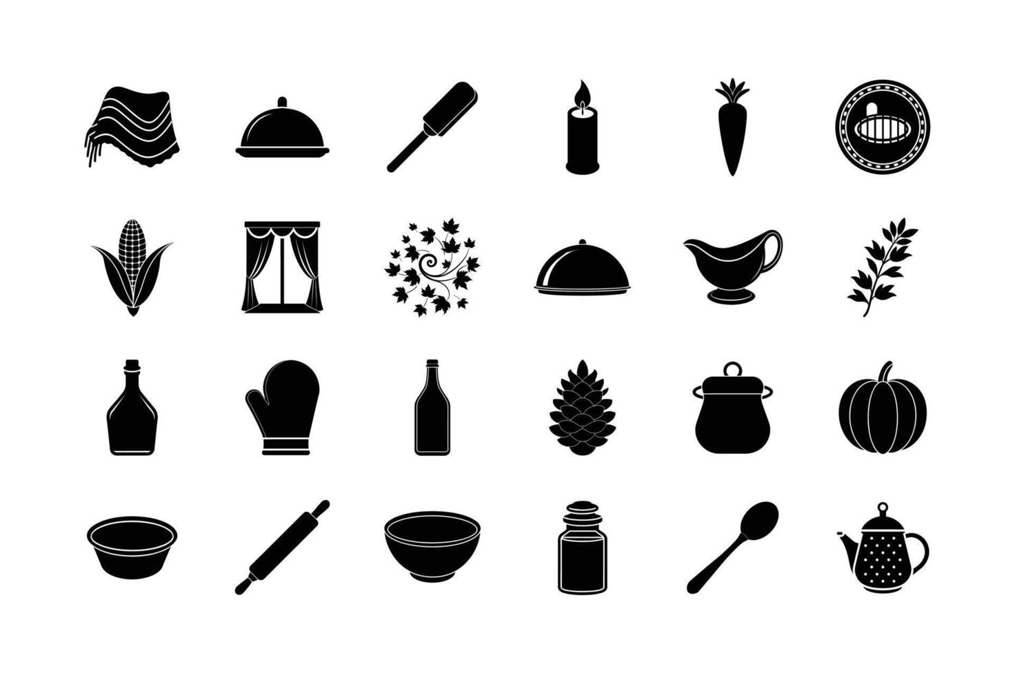 Thanksgiving Silhouette Set Pumpkin Harvest Food Autumn Leaves Holiday Dinnerware Cooking Tools and Seasonal Celebration Symbols vector