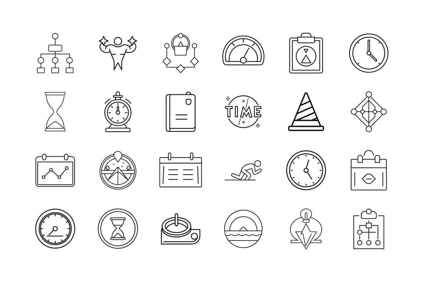 Time Management and Productivity Icon Set Task Scheduling Goal Tracking Efficiency Tools Performance Planning and Daily Routine Symbols vector