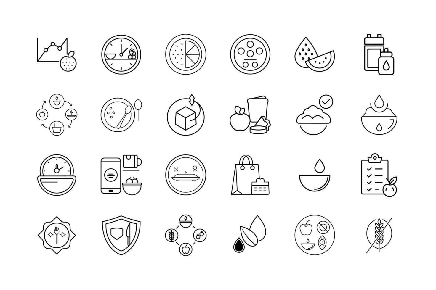 Nutrition and Meal Planning Icon Set Healthy Diet Portion Control Food Tracking Meal Prep Grocery List and Balanced Eating Symbols vector
