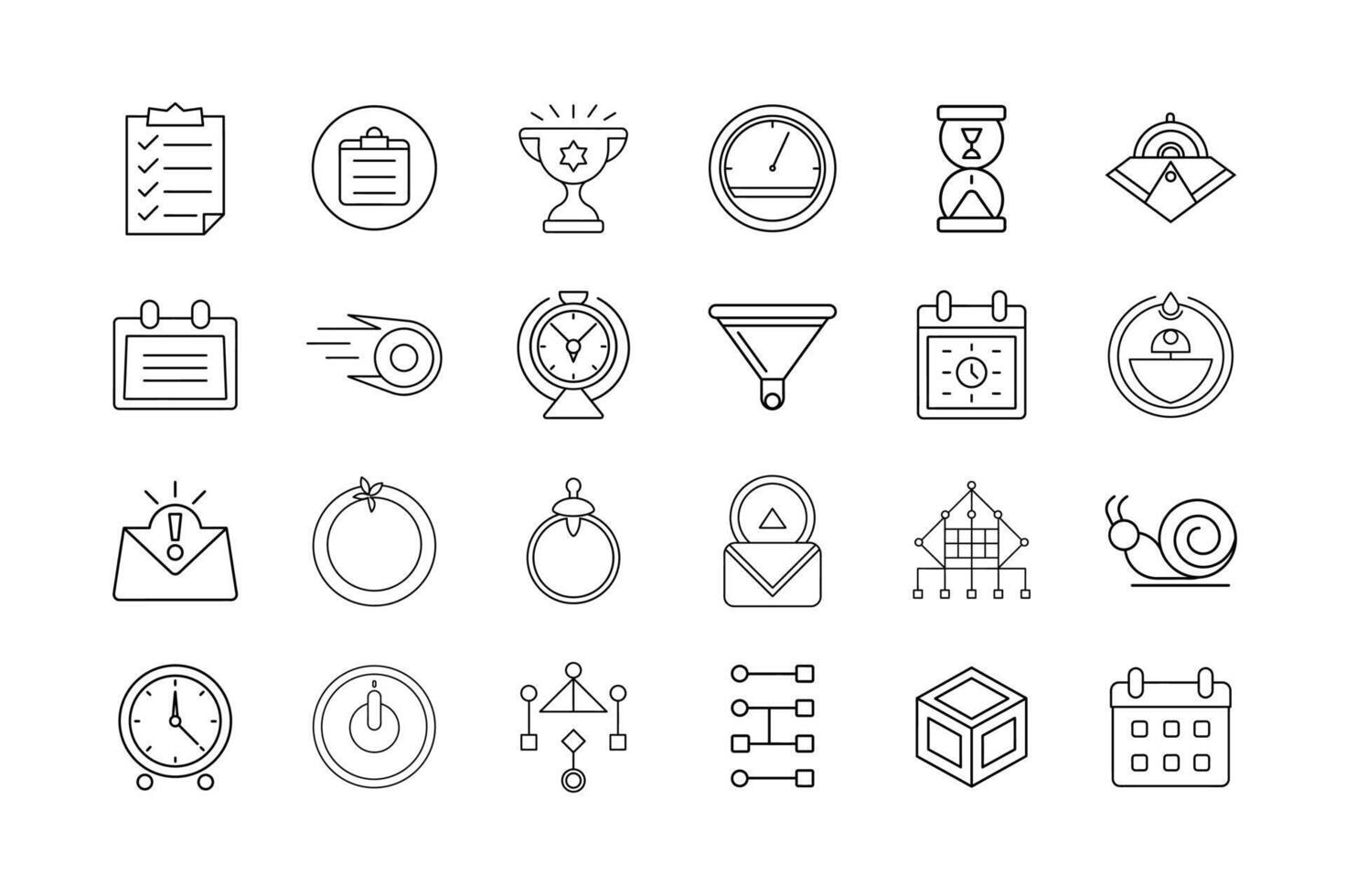 Time Management and Productivity Icon Set Task Lists Scheduling Goal Tracking Time Efficiency Workflow Optimization and Calendar Tools Symbols vector