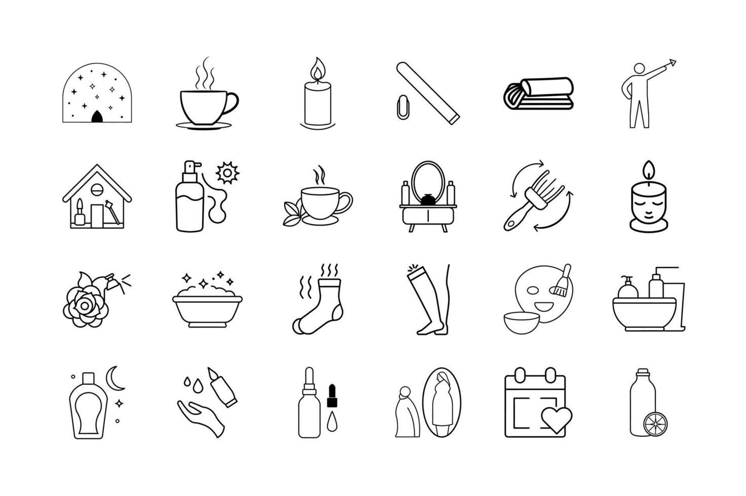 Self Care and Pampering Icon Set Skincare Beauty Routine Spa Day Relaxation Aromatherapy and Wellness Essentials Symbols vector