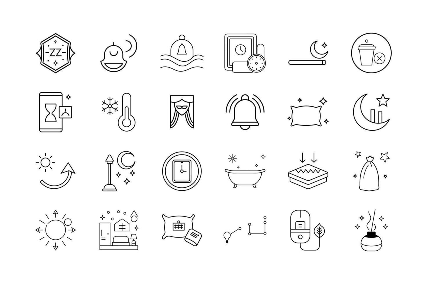 Sleep and Rest Optimization Icon Set Bedtime Routine Relaxation Sleep Tracking Night Mode Meditation and Sleep Environment Symbols vector