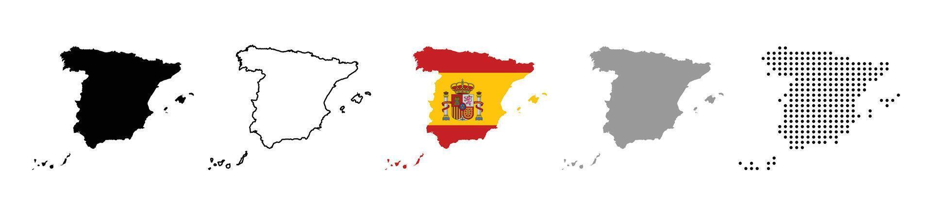 Spain map icon set. Silhouette, states, regions, outline, flag, flat, dotted styles illustration vector