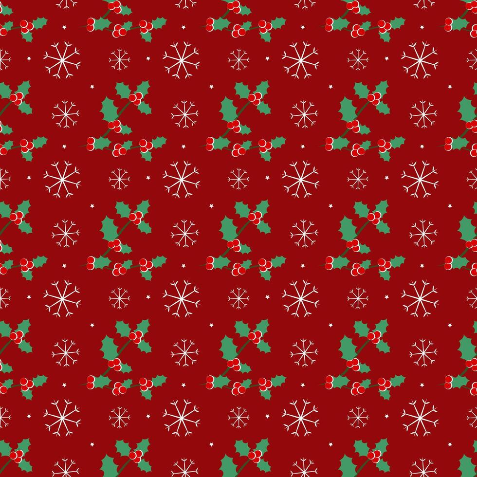 Seamless pattern with holly and snowflakes on a red background vector