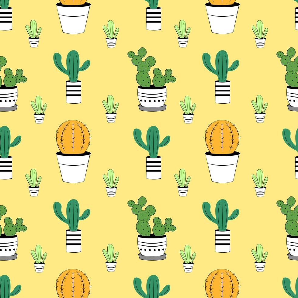 Seamless pattern with different cacti on a yellow background. vector