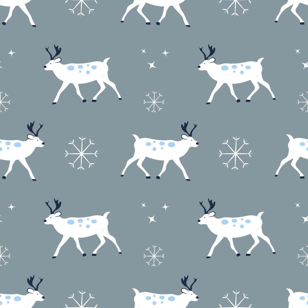 Seamless Christmas pattern with reindeer and snowflakes on a gray background vector