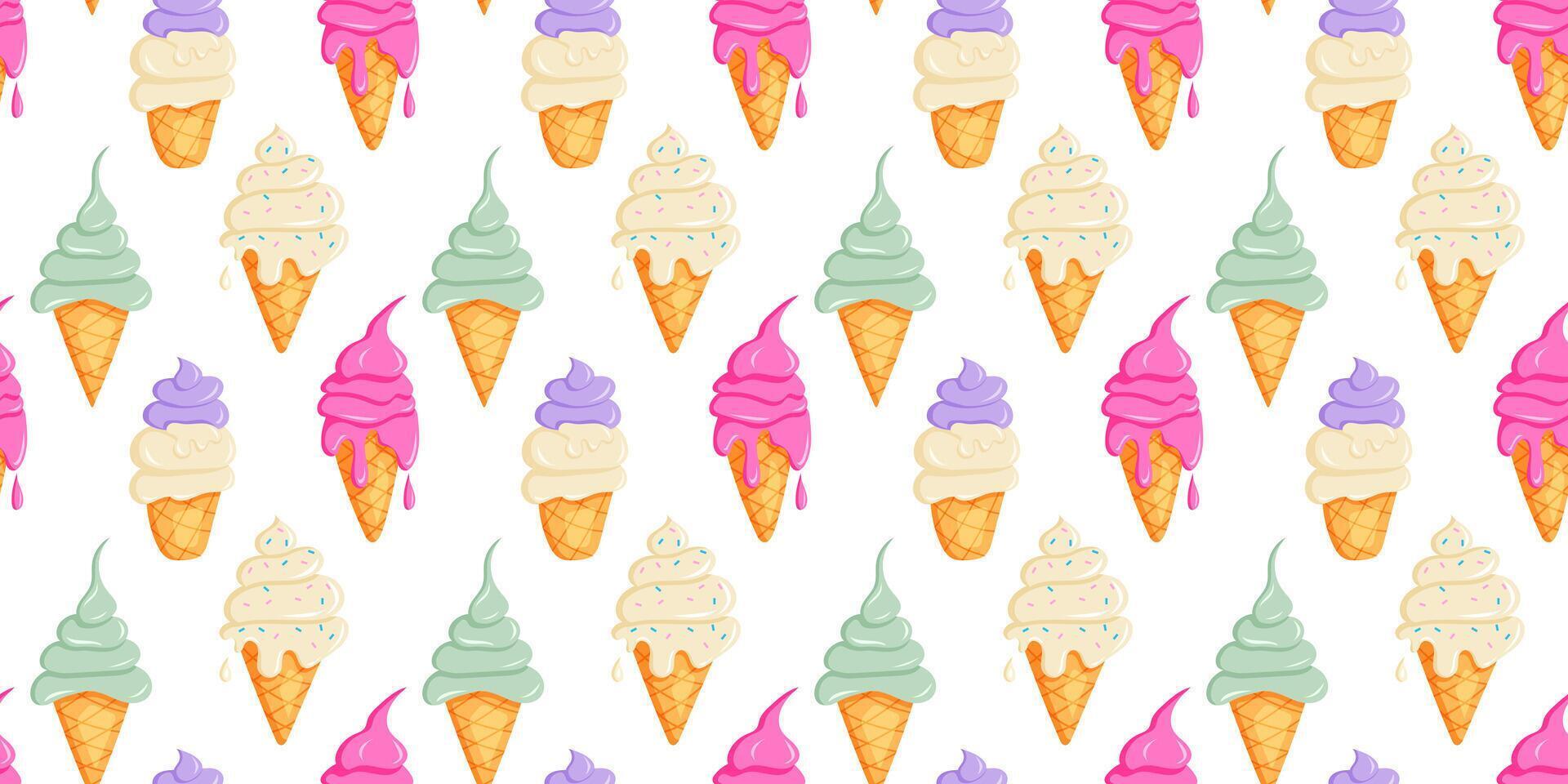 Cute ice cream seamless pattern with white outline vector