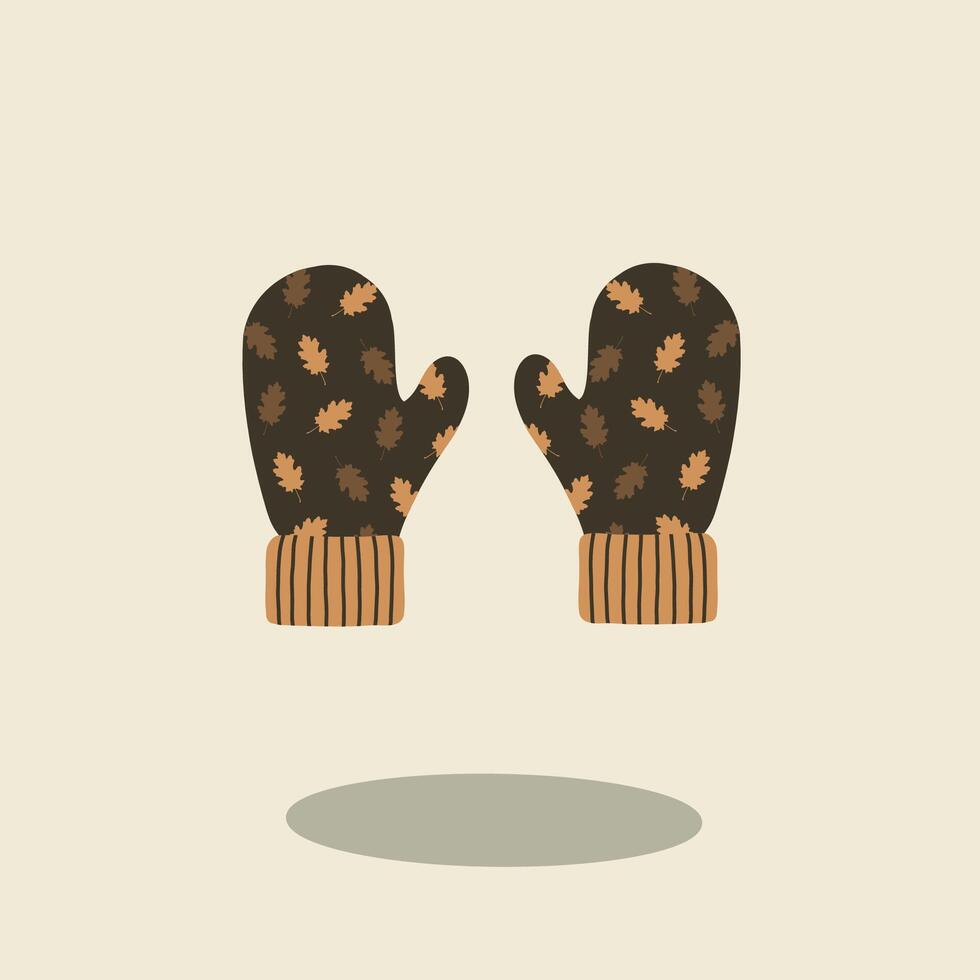 Minimalist autumn gloves with brown leaf pattern illustration fall theme vector