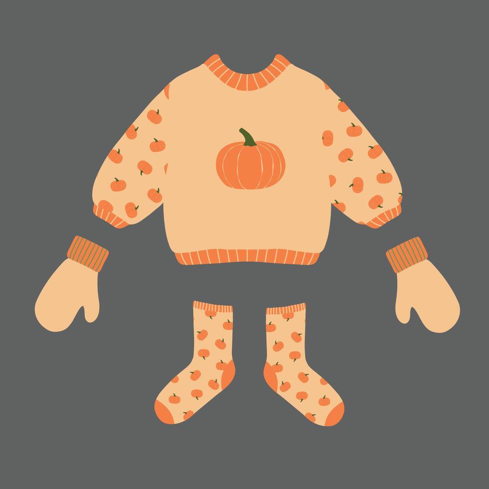 Minimalist autumn set of sweater gloves and socks with orange pumpkin pattern illustration fall theme vector