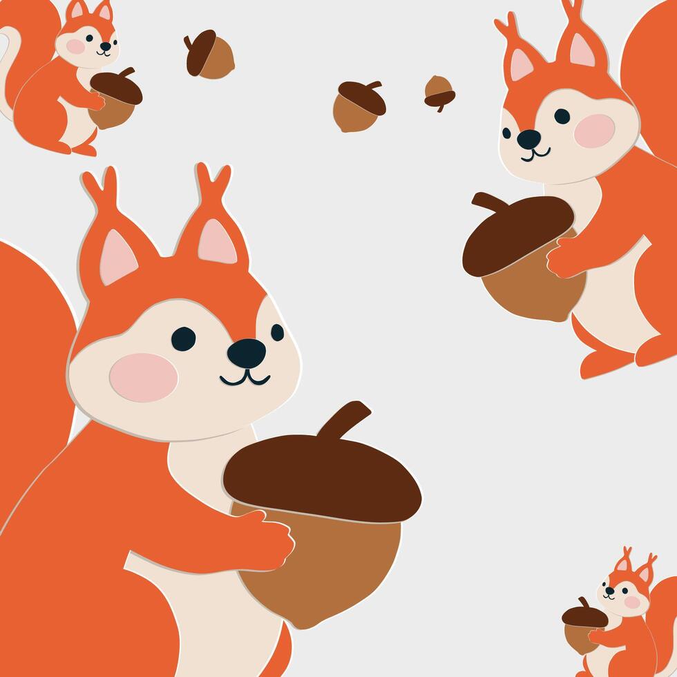 Squirrel holding acorn illustration paper cutout style isolated autumn fall theme repeat design vector