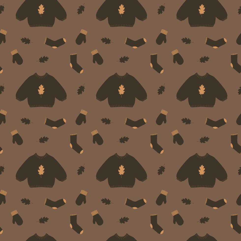 Minimalist autumn set of sweater gloves and socks with brown leaves pattern illustration seamless pattern fall theme vector