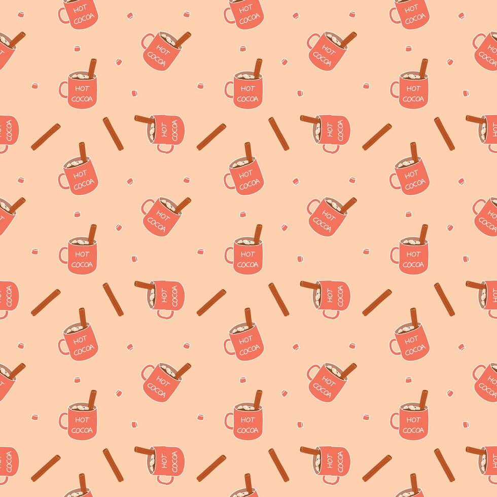 Hot Cocoa with marshmallow cinnamon in a cup illustration fall autumn theme seamless pattern vector
