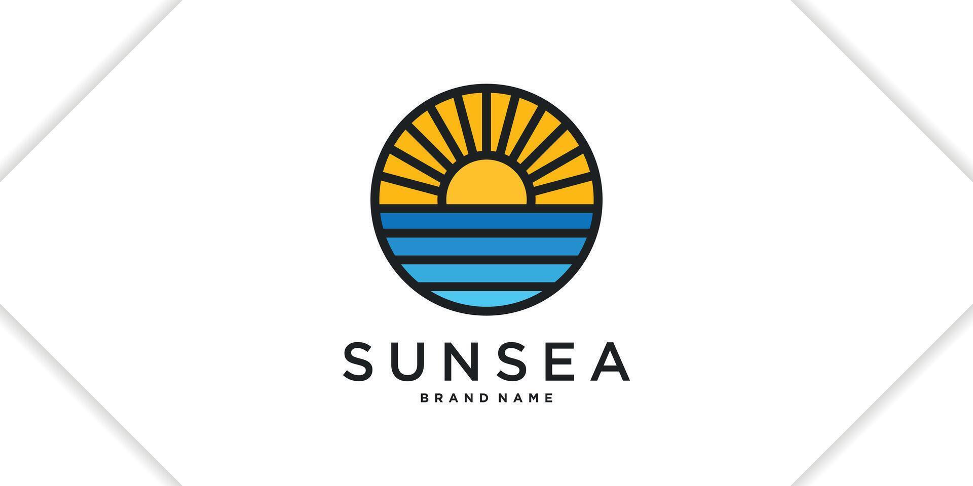 Sea escape logo design. Combination of sun circle and sea waves vector