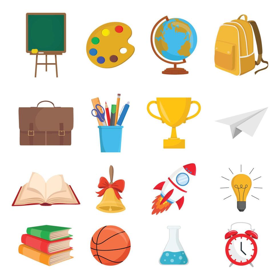 Cute school supplies Back to school Board bag globe palette ball books clock vector