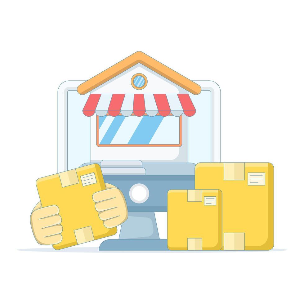 Illustration of distributors and resellers. The concept of an online store, marketplace, or e-commerce business. Reselling or shipping goods. Packaging box. Flat style. vector