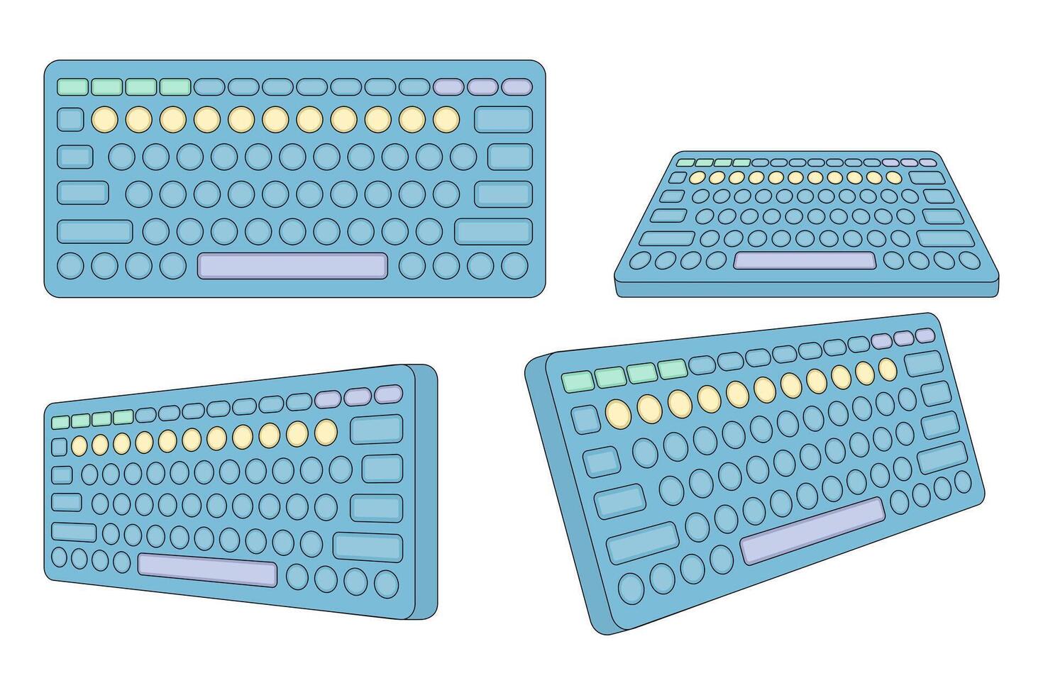 Keyboard concept. Illustration of a keyboard with various views. Modern laptop Bluetooth keyboard isolated on background. Minimalist keyboard with cute keys. illustration. vector
