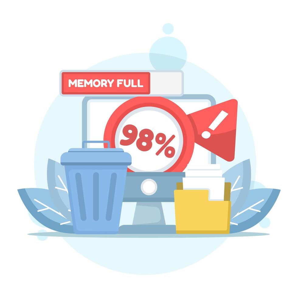 The concept of freeing up memory space. Removing annoying notifications from the trash. Boosting memory. Clearing the cache. A flat design illustration in the background. vector