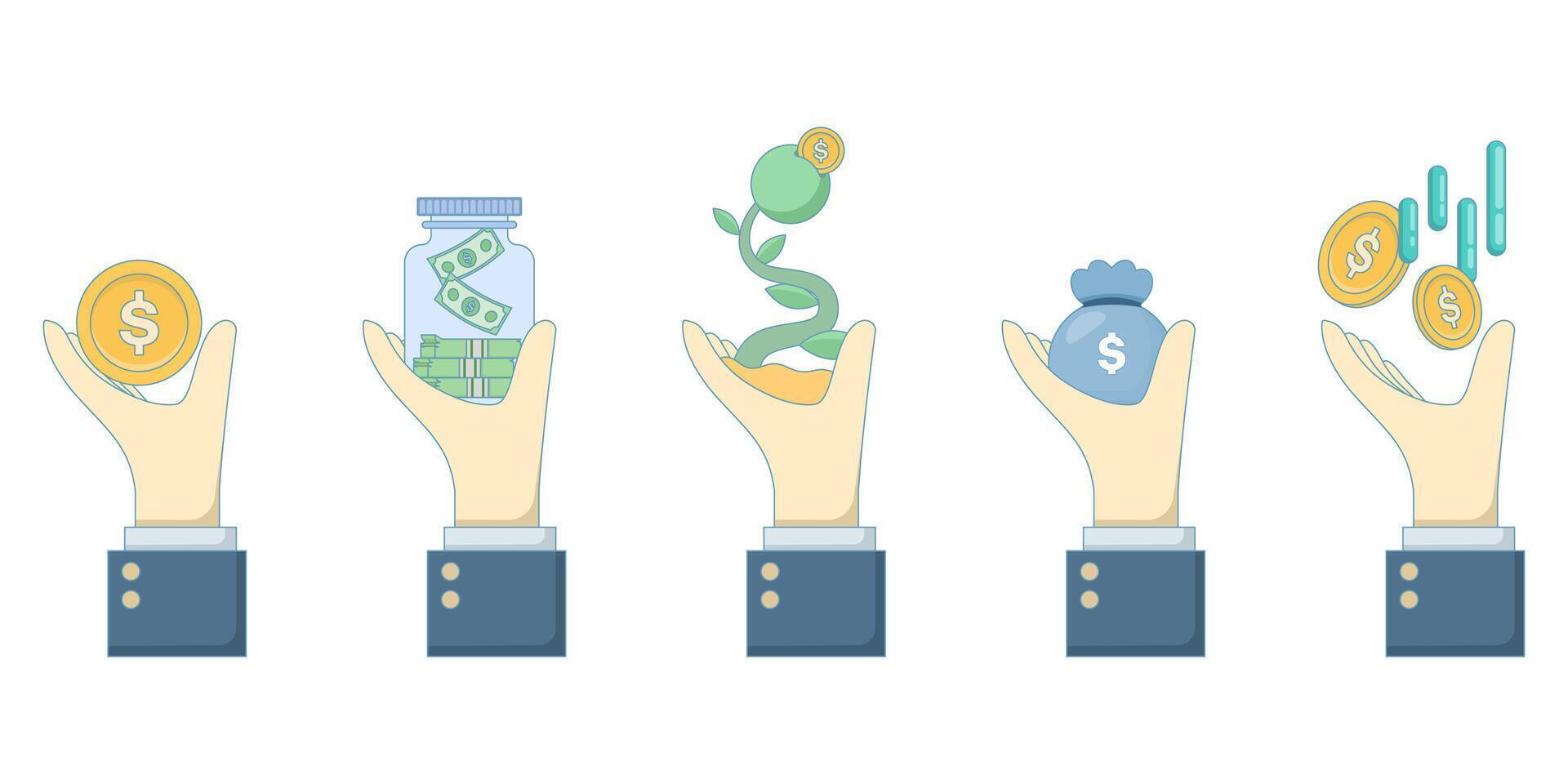 Banking icon set for income, savings, and investment. Wealth or business management. Savings and planning. Flat design illustration on a background. vector