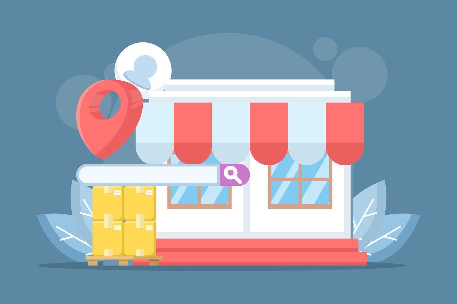 Concept of a physical business online, listed on search engines, with a storefront and map pins representing a digital storefront for a local business. Flat design illustration on a background. vector