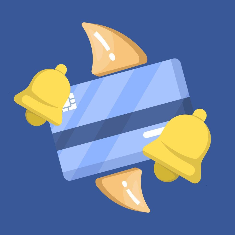 Concept of payment alert, bill payment notification, debit card with ringing bell. Reminder, or alarm. Exclamation mark, warning sign, bell. Online payment. Flat design illustration. vector