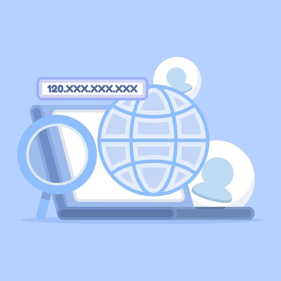 IP tracker and IP address lookup. User tracking, cross-app tracking. Magnifying glass to view IP numbers on laptops or smartphones. User tracking cookies. IP logging warning. Flat design illustration. vector