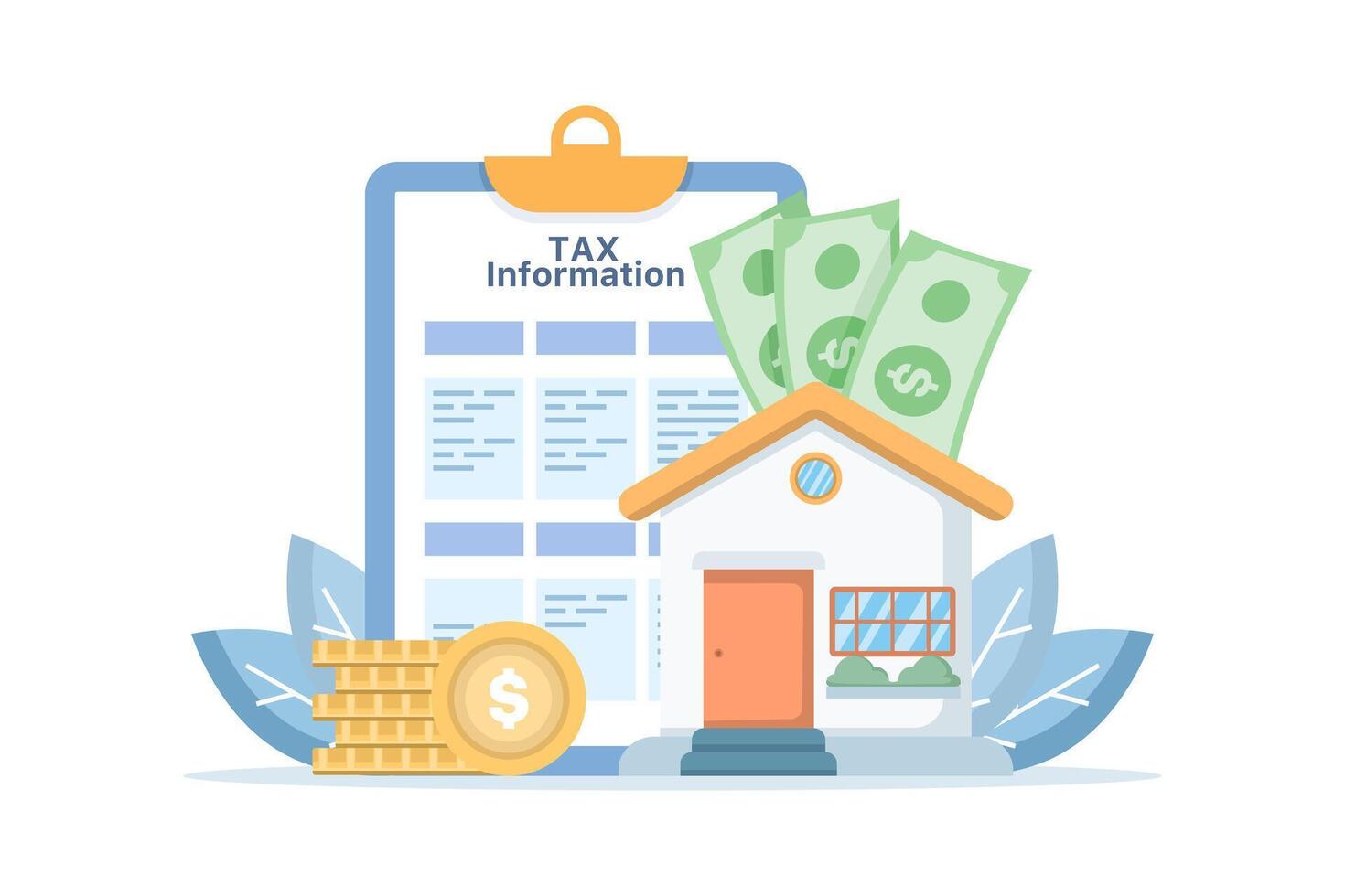 Home tax concept, Residential house with tax documents, personal housing tax, business with housing, money, and tax documents. Flat design illustration on background. vector
